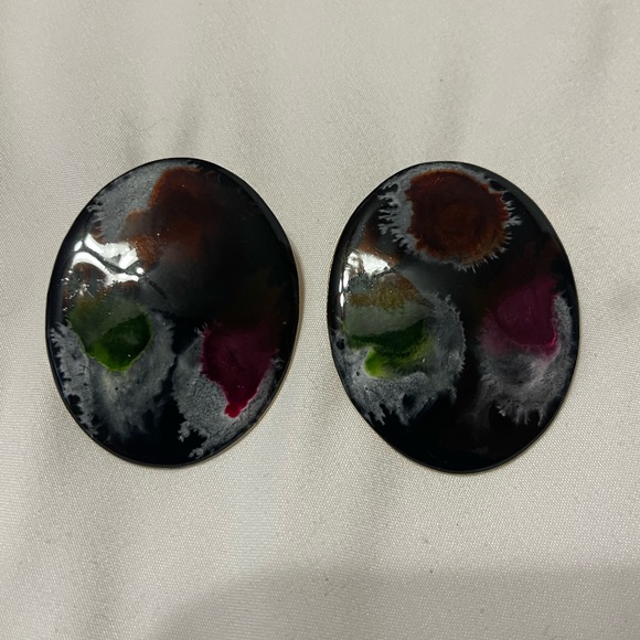 Black Marbled Oval Statement Stud Earrings - Picture 2 of 8